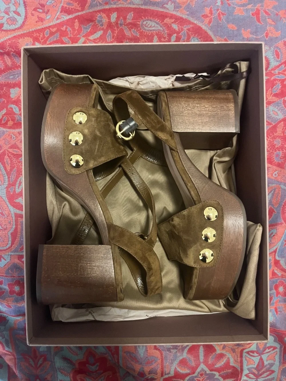 Gianvito Rossi Wooden Platform Suede Sandals — New in Box, Gold Studs
